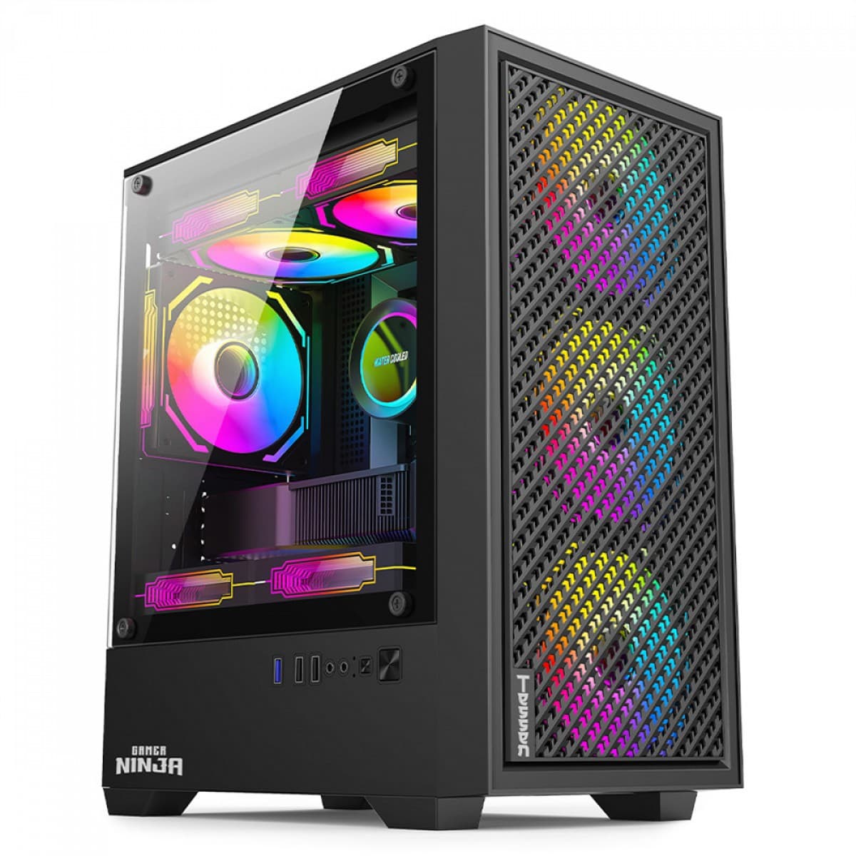 Gabinete Gamer Ninja Tessen, Mid Tower, Vidro Temperado, M-ATX, Com 3 Fans Rainbow, Sem Fonte, Preto, GN-CS-MTBSF - foto 1
