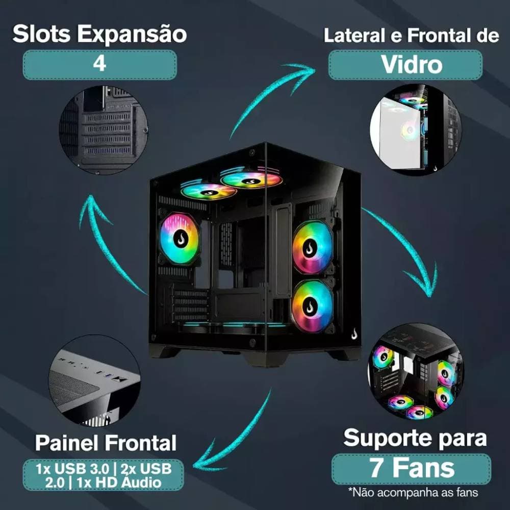 Gabinete Gamer Rise Mode Galaxy Glass M Mini Vidro Temperado USB 3.0 S/ Fan - Preto - miniatura 6