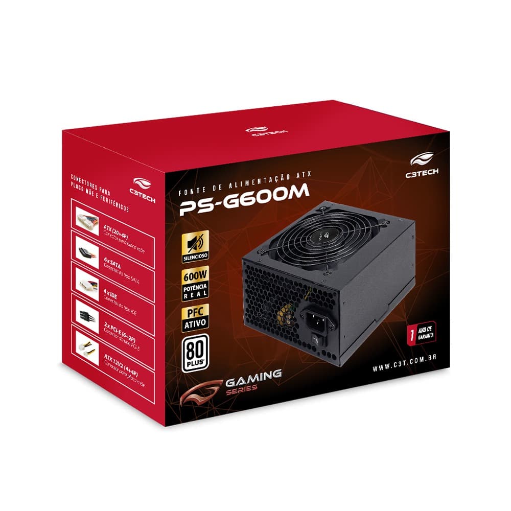 Fonte ATX 600w 80 Plus White C3Tech Gaming - PS-G600M